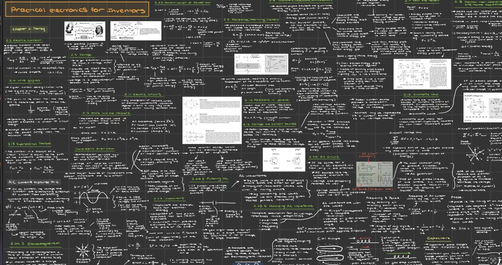 A wide page of handwritten electronics notes covering current, voltage, resistance, circuits, power, transistors, AC waveforms, inductors, and capacitors.